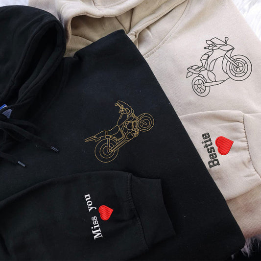 Sudadera con contorno de bicicleta de coche bordada personalizada de su foto sudadera con capucha a juego regalo de San Valentín para parejas