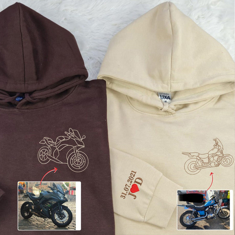 Sudadera con contorno de bicicleta de coche bordada personalizada de su foto sudadera con capucha a juego regalo de San Valentín para parejas