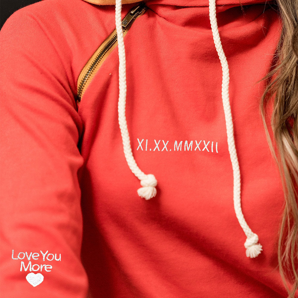 Personalized Embroidered Roman Numeral Double Hood Sweatshirt Valentines Day Couple Gifts