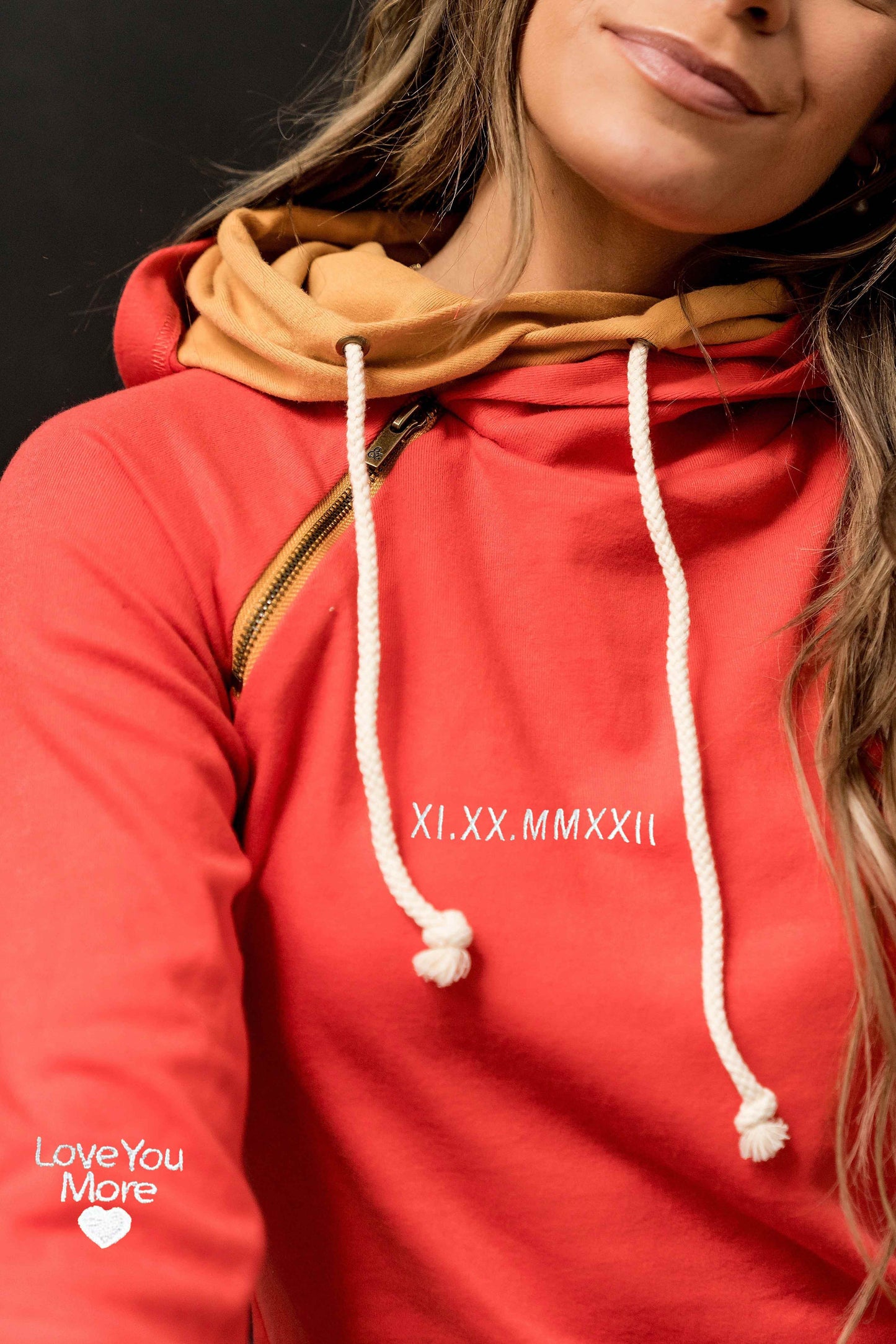 Personalized Embroidered Roman Numeral Double Hood Sweatshirt Valentines Day Couple Gifts