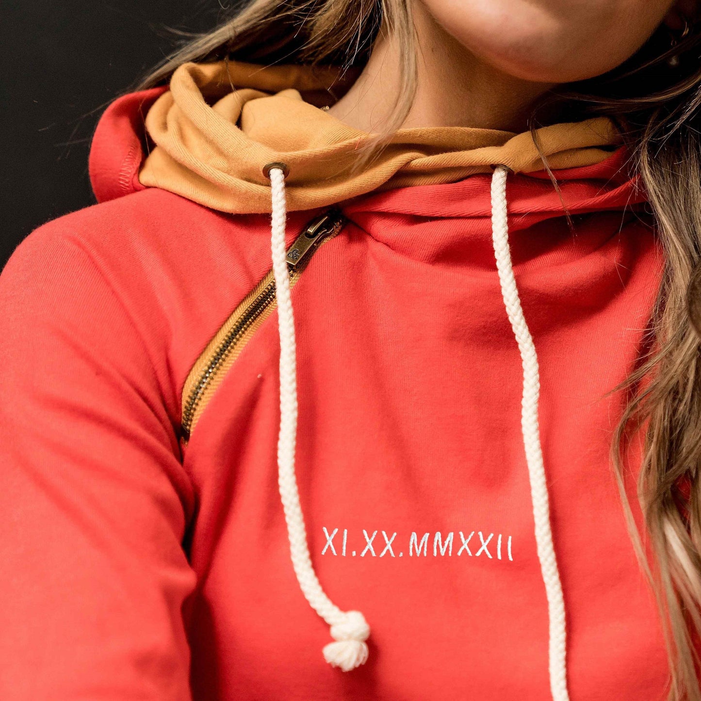 Personalized Embroidered Roman Numeral Double Hood Sweatshirt Valentines Day Couple Gifts