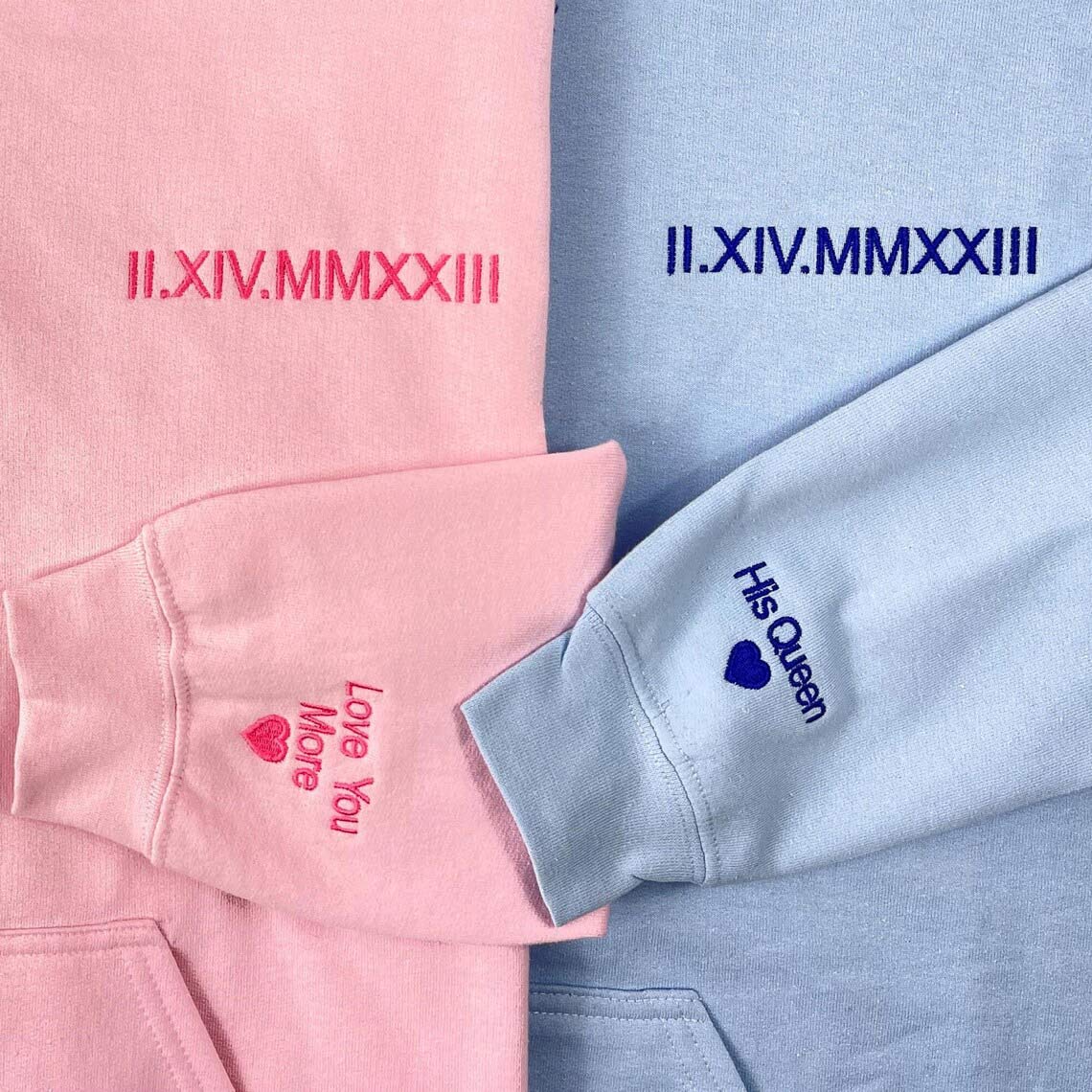 Sudadera con capucha a juego con números romanos bordados personalizados, regalos para parejas del Día de San Valentín