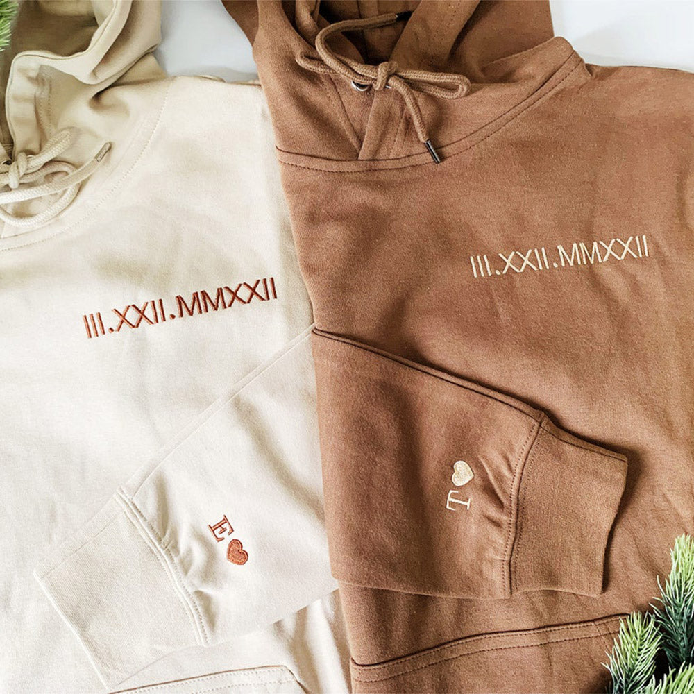 Sudadera con capucha a juego con números romanos bordados personalizados, regalos para parejas del Día de San Valentín