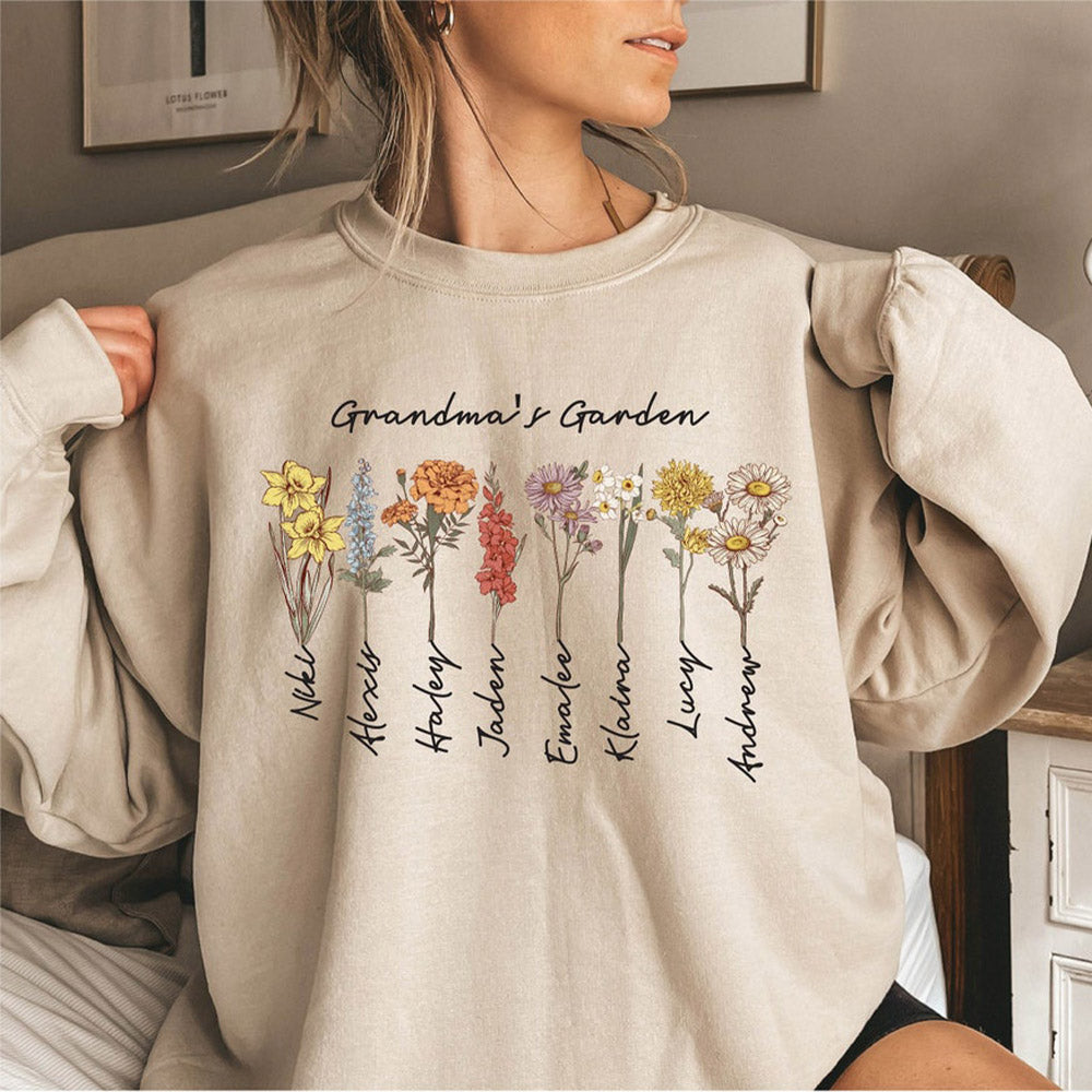 Personalisiertes Omas Garten Geburtsblumen Sweatshirt mit den Namen der Enkelkinder Muttertagsgeschenk für Oma Mama