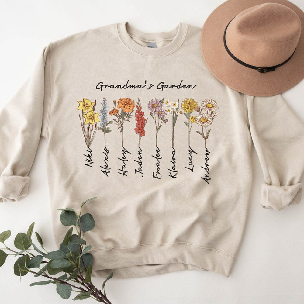 Personalisiertes Omas Garten Geburtsblumen Sweatshirt mit den Namen der Enkelkinder Muttertagsgeschenk für Oma Mama