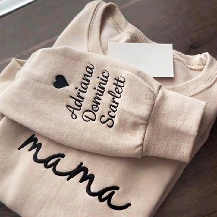 Sudadera de mamá bordada personalizada con los nombres de los niños en la manga. Regalo del Día de la Madre para mamá y abuela.