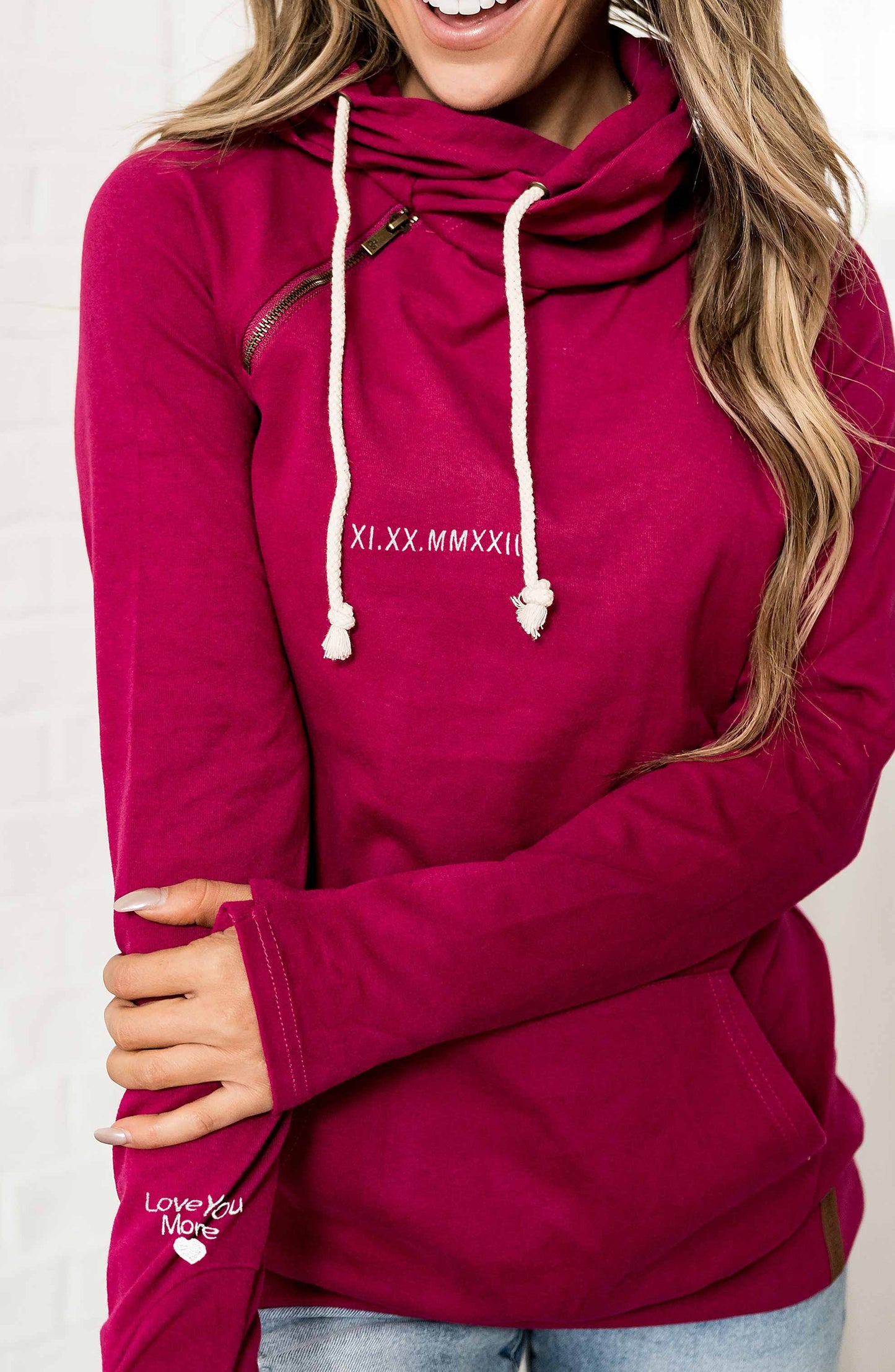 Personalized Embroidered Roman Numeral Double Hood Sweatshirt Valentines Day Couple Gifts