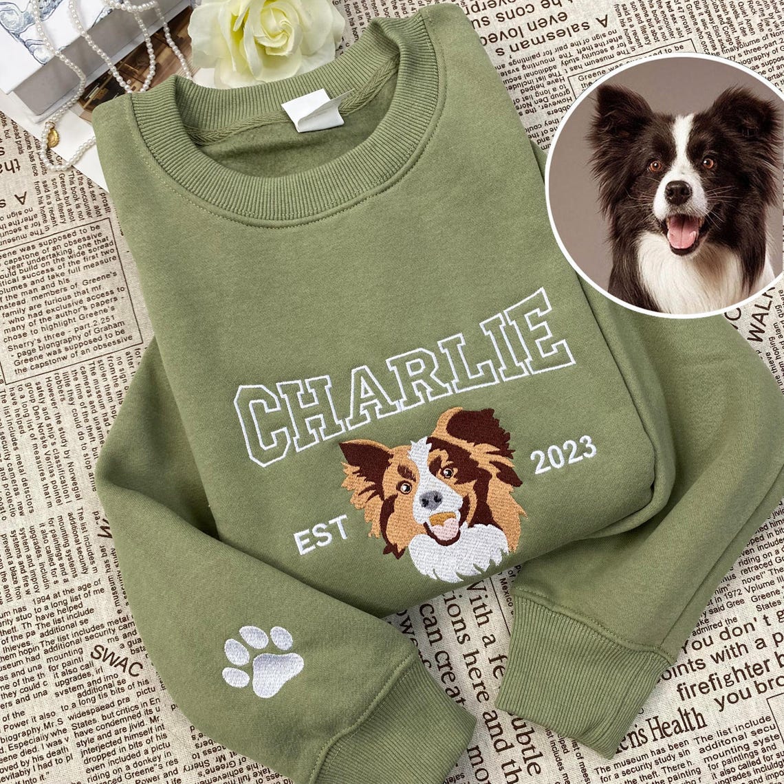 Personalisiertes besticktes Haustiergesicht und Haustiername Sweatshirt Hundeportrait bestickt Crewneck Haustierliebhaber Geschenk