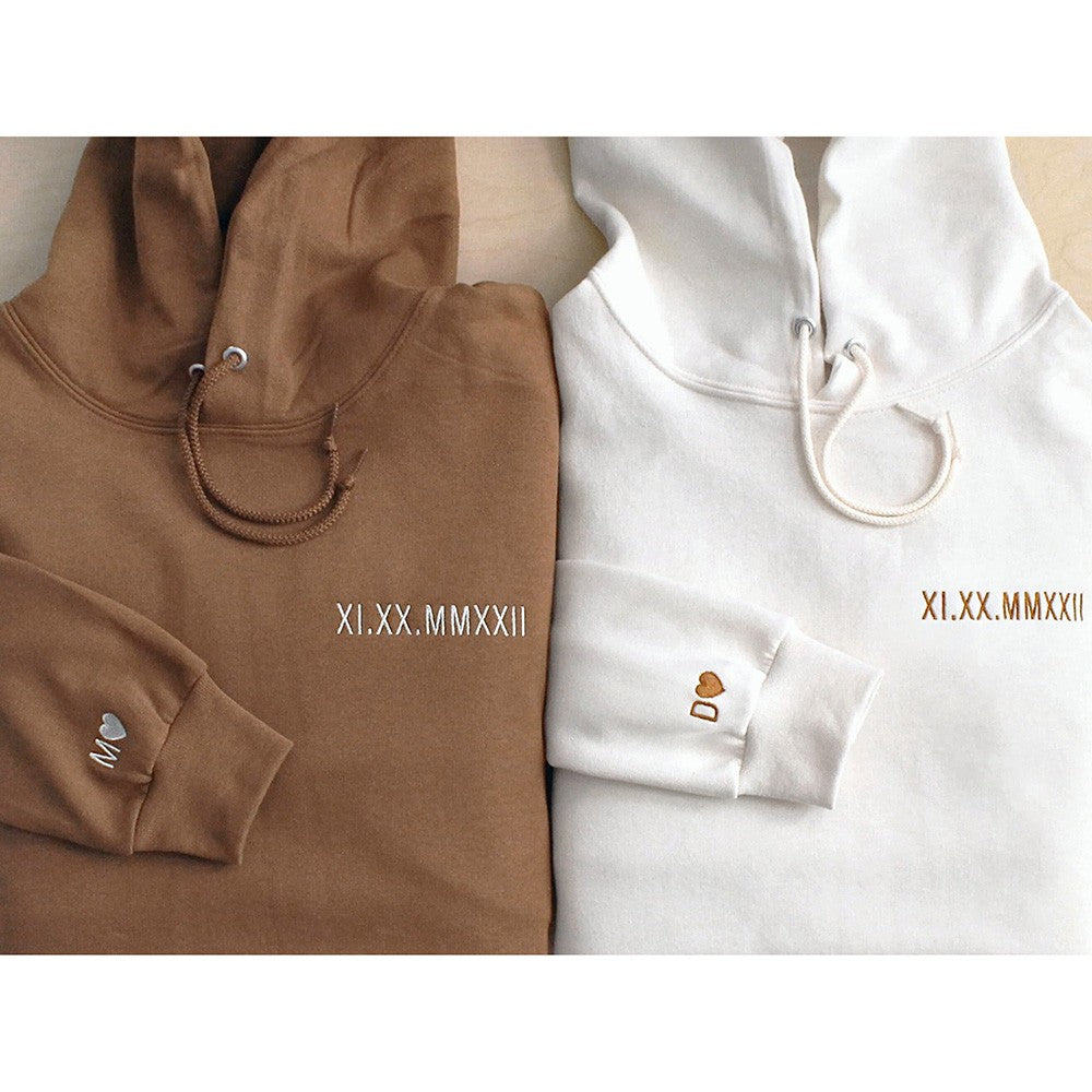 Sudadera con capucha a juego con números romanos bordados personalizados, regalos para parejas del Día de San Valentín