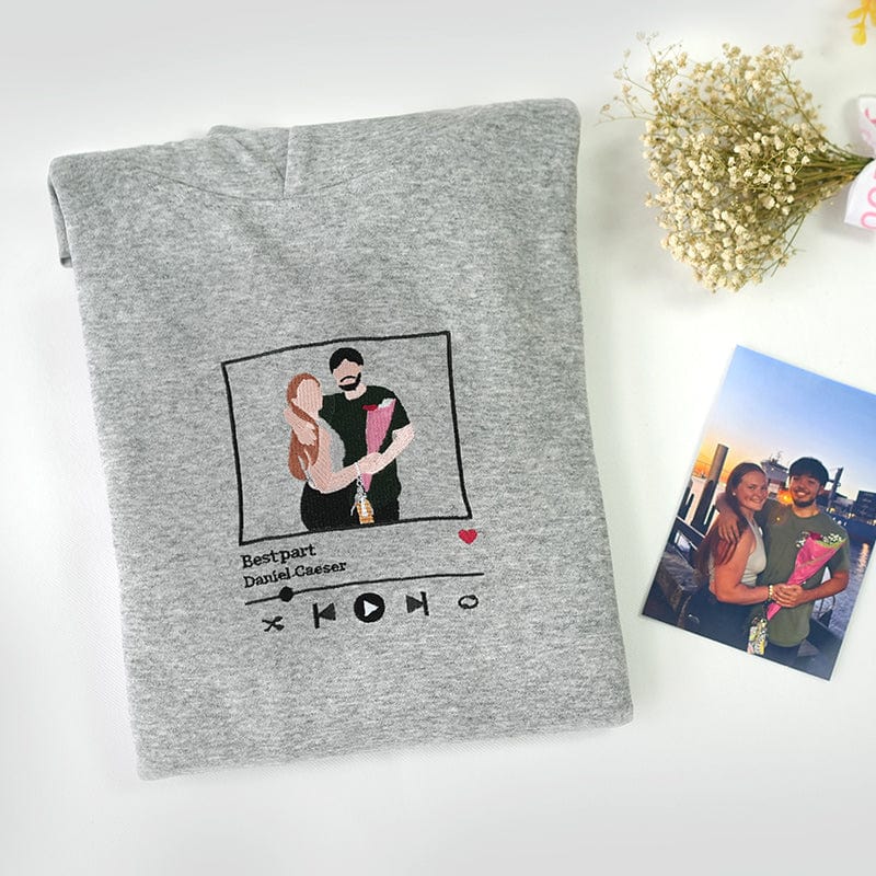 Sudadera bordada personalizada Retrato Reproductor de música Pareja Regalo familiar 