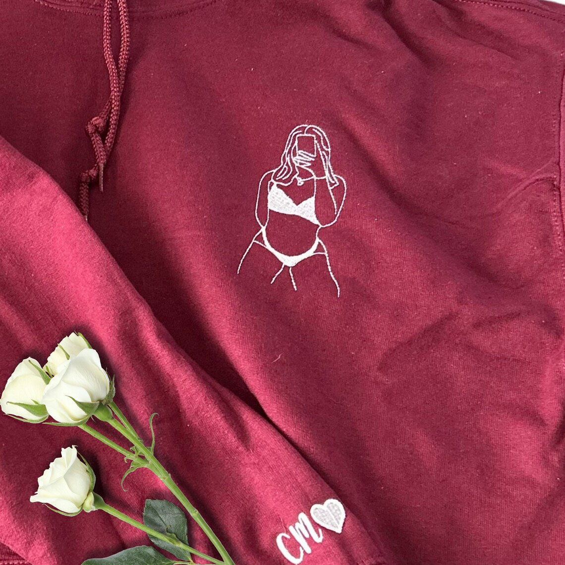 Sudadera con capucha picante bordada personalizada con sudadera con foto Line Art Regalo de San Valentín para él/ella