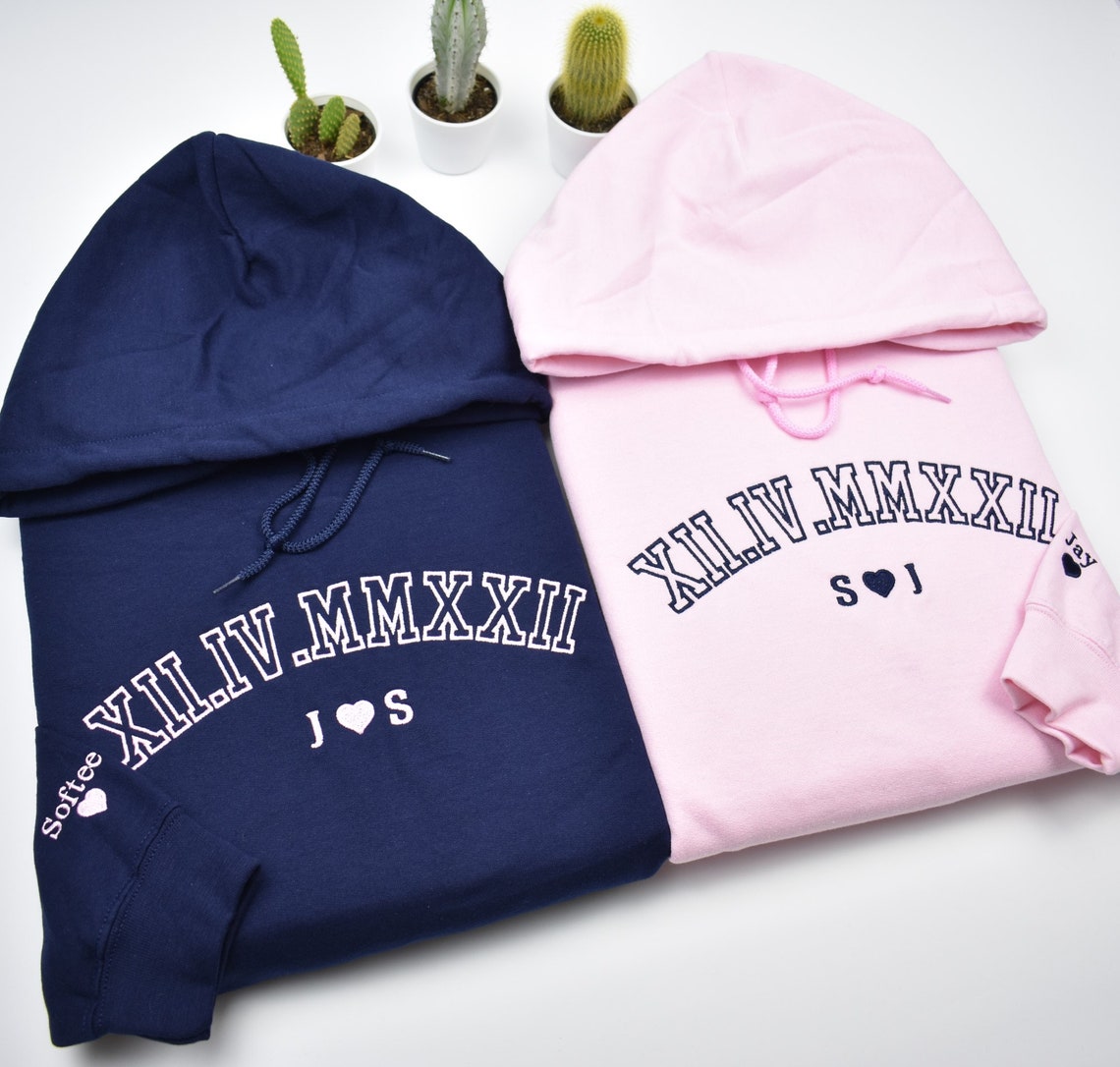 Personalized Embroidered Roman Numeral Matching Hoodie Sweatshirt Valentines Day Couple Gifts Anniversary Gifts