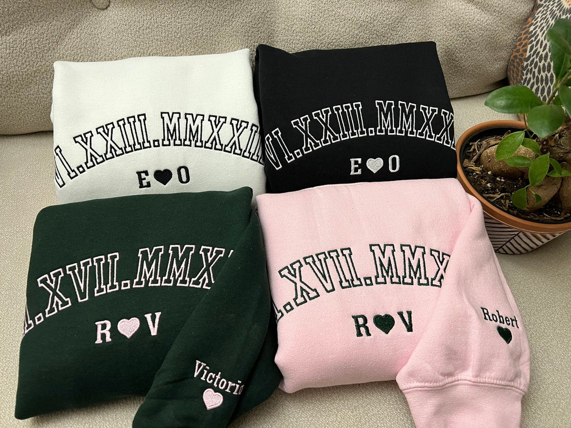 Personalized Embroidered Roman Numeral Matching Hoodie Sweatshirt Valentines Day Couple Gifts Anniversary Gifts