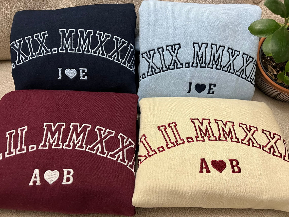 Personalized Embroidered Roman Numeral Matching Hoodie Sweatshirt Valentines Day Couple Gifts Anniversary Gifts