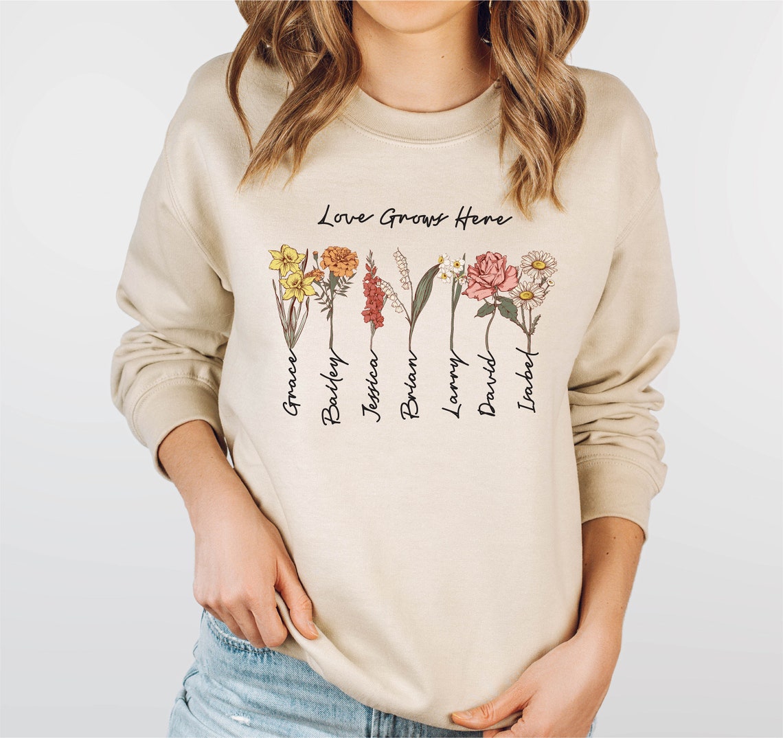 Personalisiertes Omas Garten Geburtsblumen Sweatshirt mit den Namen der Enkelkinder Muttertagsgeschenk für Oma Mama