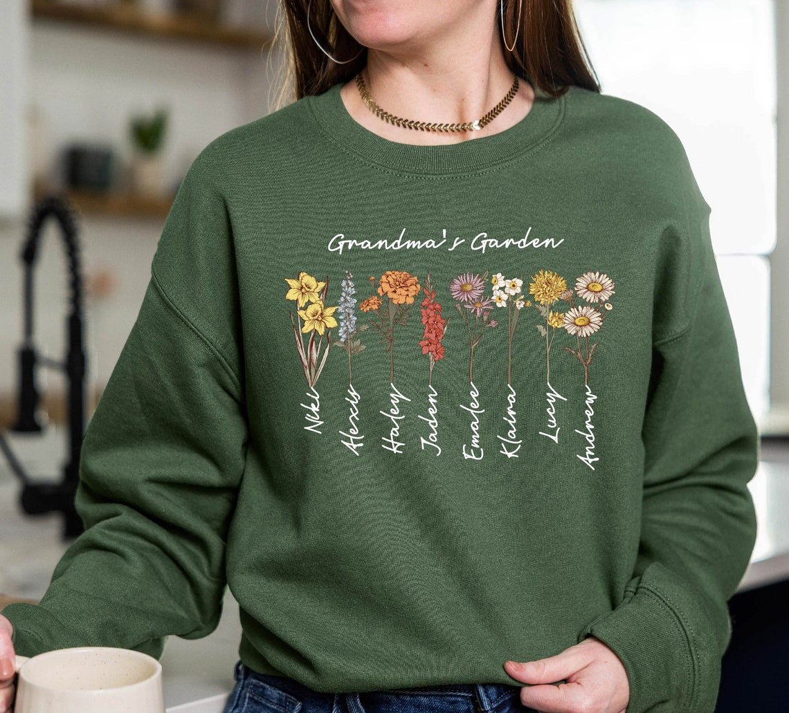 Personalisiertes Omas Garten Geburtsblumen Sweatshirt mit den Namen der Enkelkinder Muttertagsgeschenk für Oma Mama