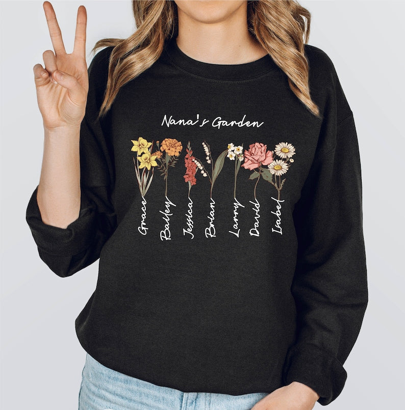 Personalisiertes Omas Garten Geburtsblumen Sweatshirt mit den Namen der Enkelkinder Muttertagsgeschenk für Oma Mama