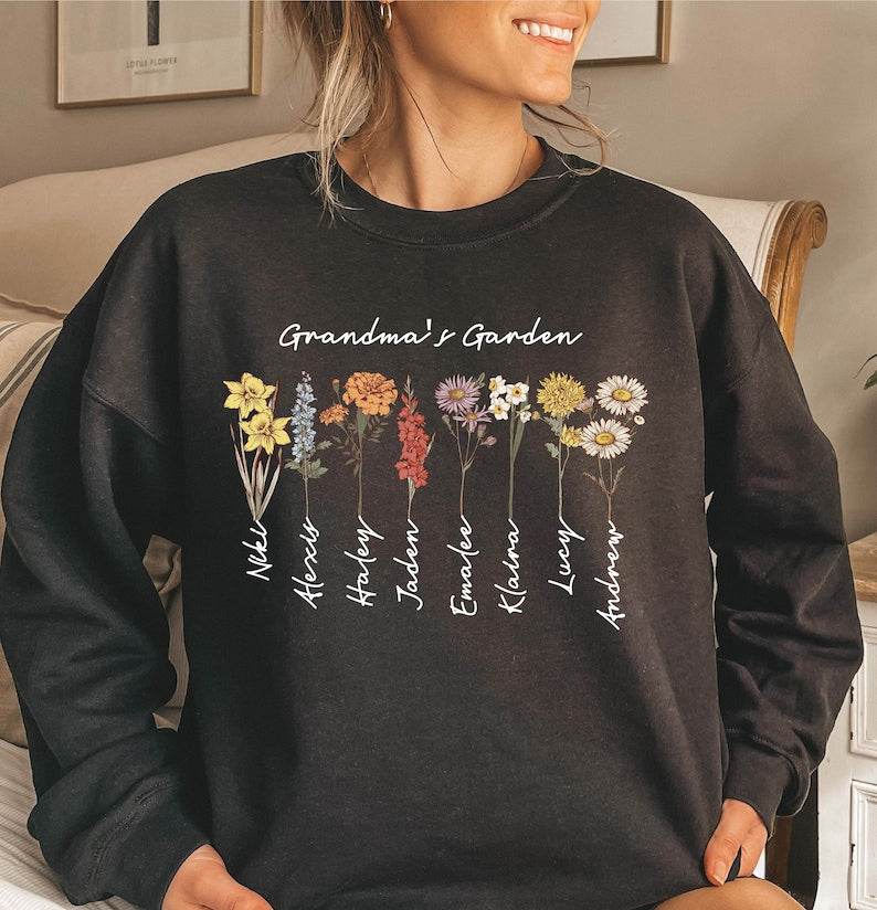 Personalisiertes Omas Garten Geburtsblumen Sweatshirt mit den Namen der Enkelkinder Muttertagsgeschenk für Oma Mama