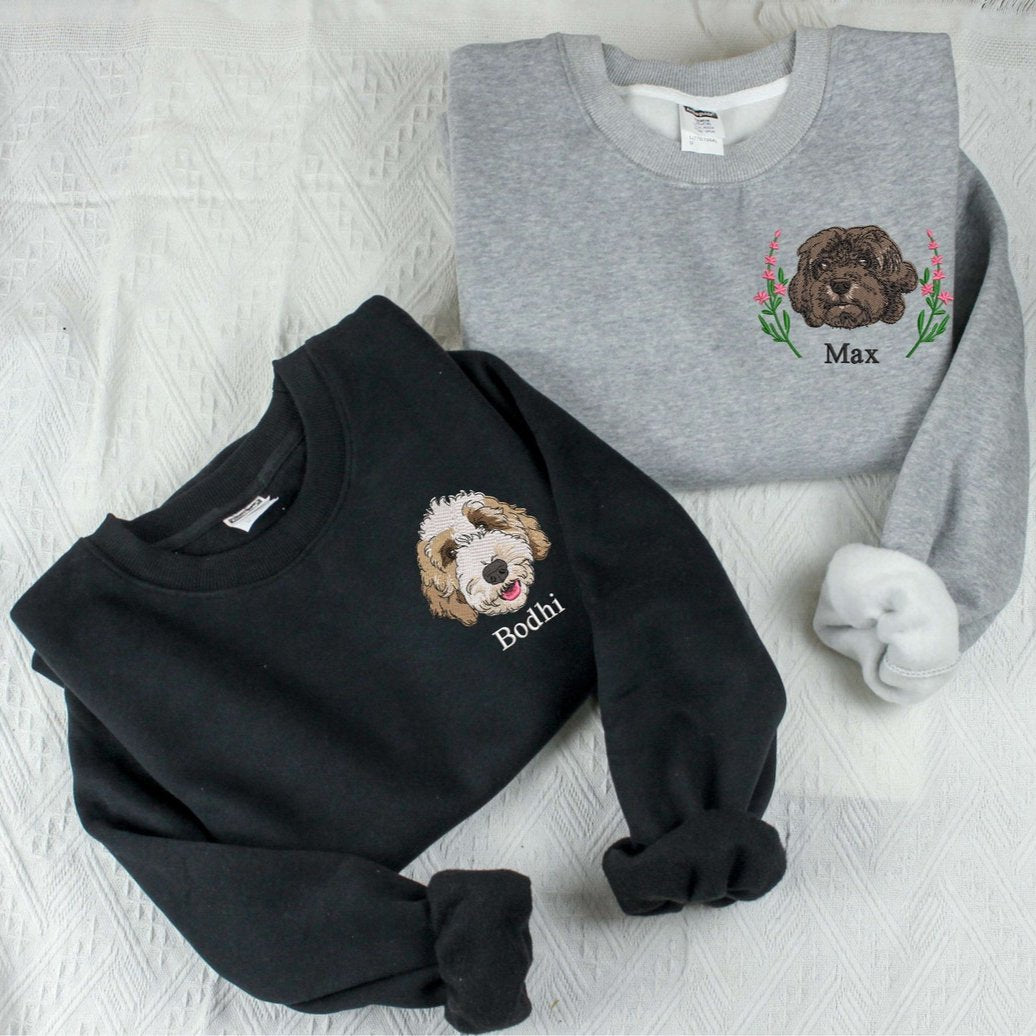 Personalisiertes besticktes Sweatshirt mit Haustiergesicht und Namen für Tierliebhaber