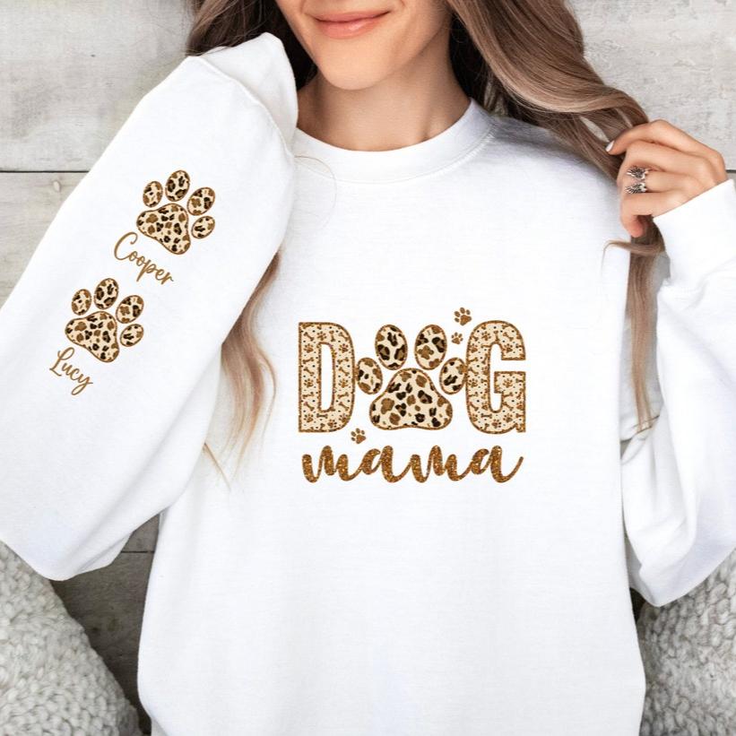 Personalisiertes Leoparden-Sweatshirt für Hundemama mit Hundenamen am Ärmel, Geschenk für Hundemama