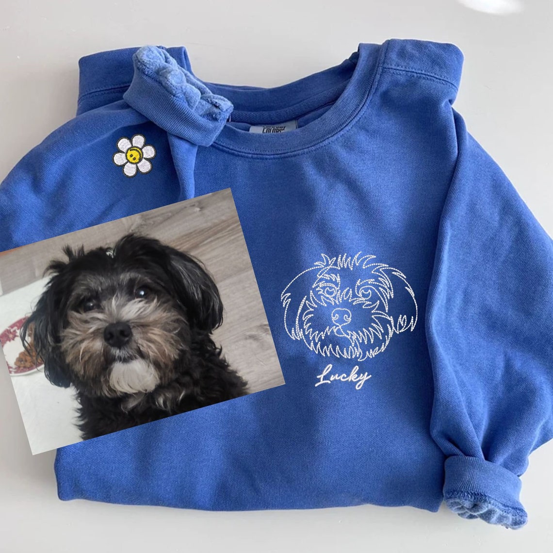 Personalisiertes besticktes Haustiergesicht und Haustiername Sweatshirt Hundeportrait bestickt Crewneck Haustierliebhaber Geschenk