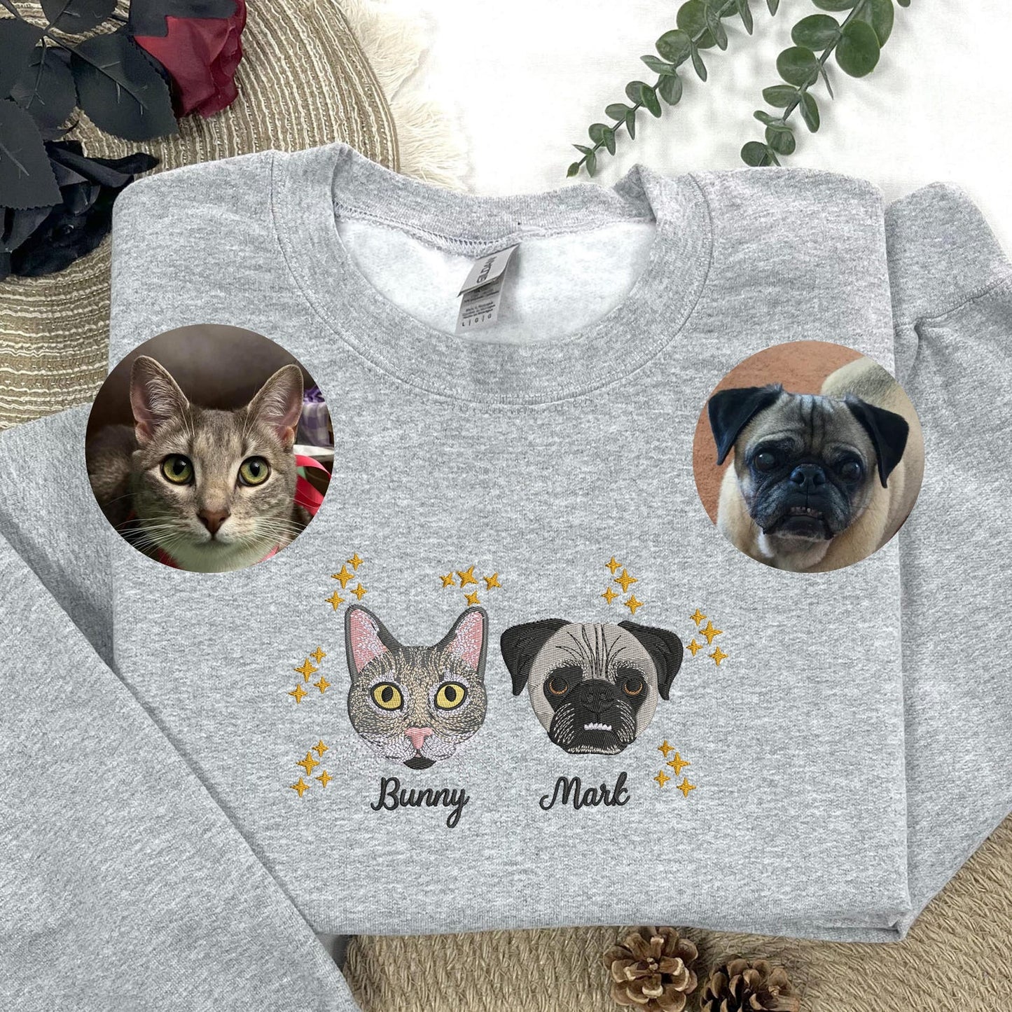 Embroidered Pet Portrait Christmas Sweatshirt Hoodie with Pet Face Christmas Gift for Pet Lovers