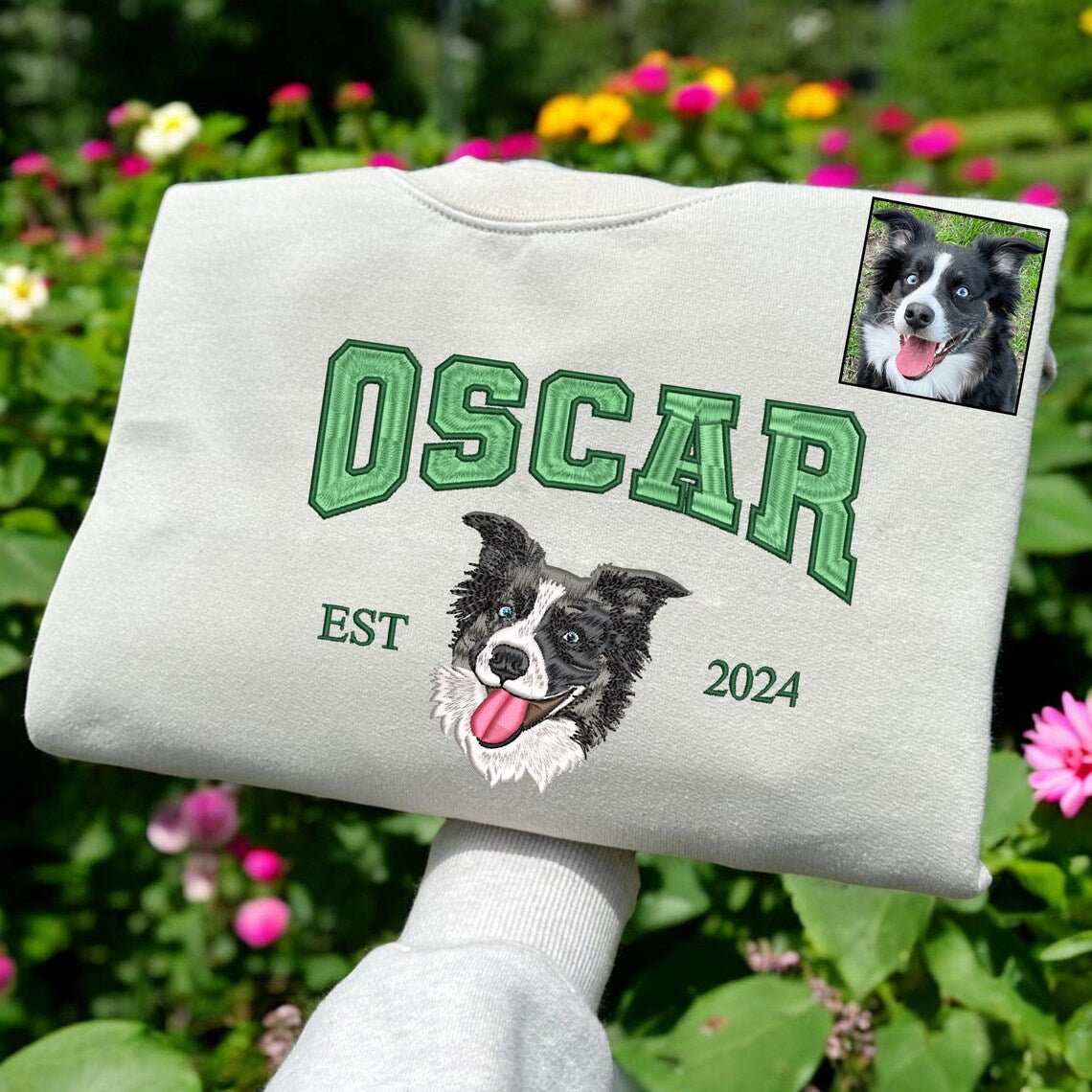 Cara de mascota bordada personalizada y nombre de mascota sudadera retrato de perro bordado cuello redondo regalo amante de las mascotas