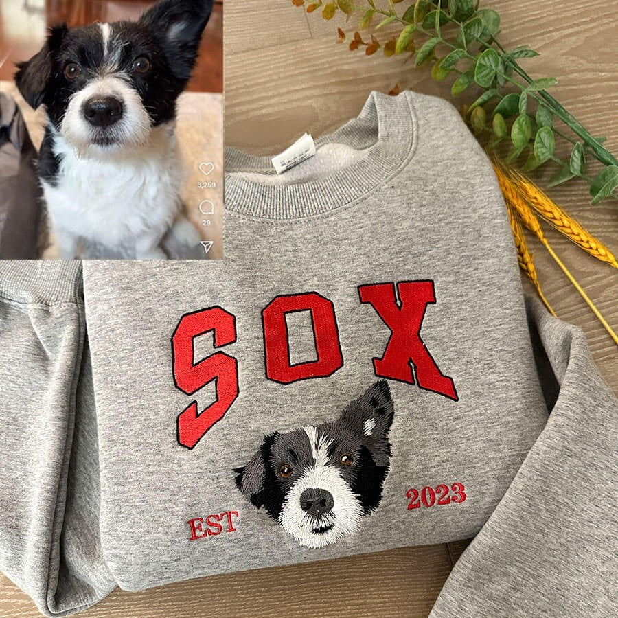 Personalisiertes besticktes Haustiergesicht und Haustiername Sweatshirt Hundeportrait bestickt Crewneck Haustierliebhaber Geschenk