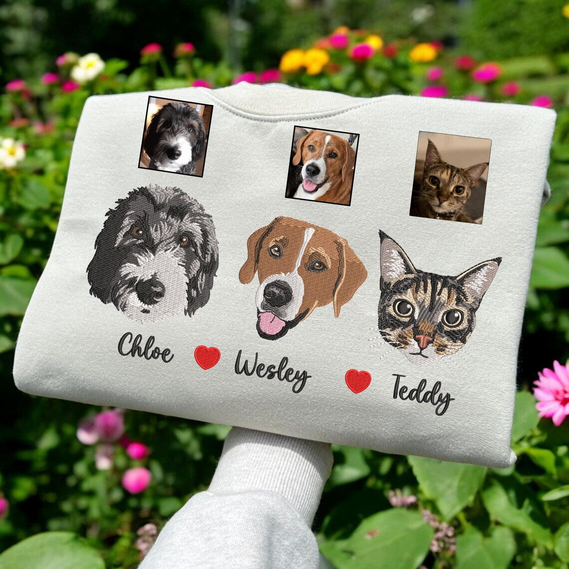 Custom Pet Portrait Embroidered Sweatshirt Valentines Gift for Pet Lovers