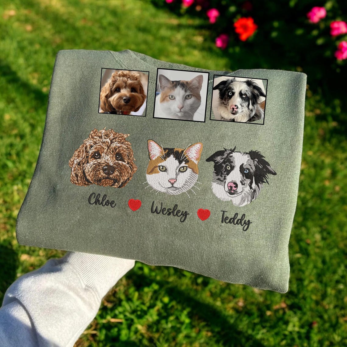 Custom Pet Portrait Embroidered Sweatshirt Valentines Gift for Pet Lovers