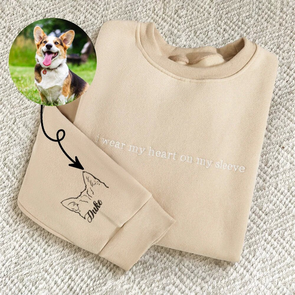 Bester Verkauf!! Personalisiertes Sweatshirt mit besticktem „Herz auf meinem Ärmel“ und Hunde-/Katzenohren am Ärmel, Geschenk für alle Tierliebhaber