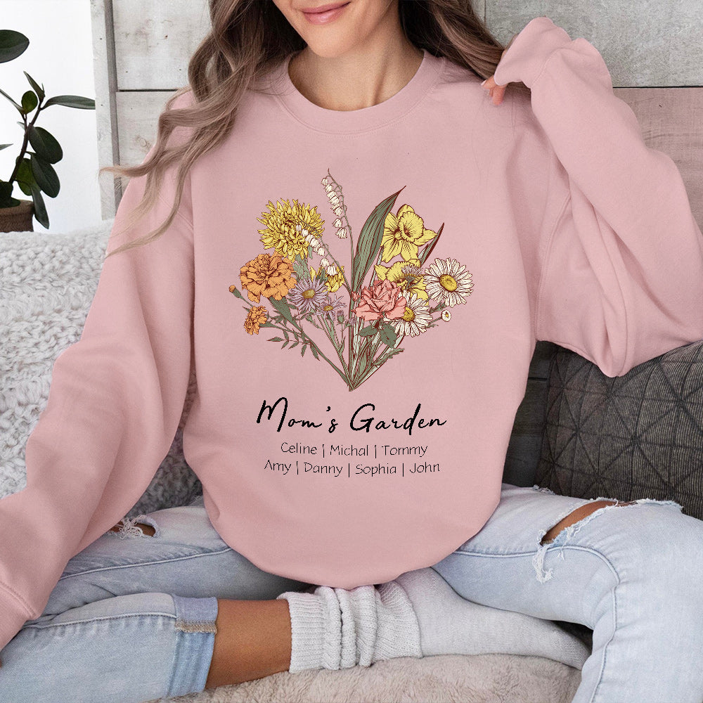 Personalisiertes Mamas Garten Geburt Blumenstrauß Sweatshirt mit Kindernamen Muttertagsgeschenk