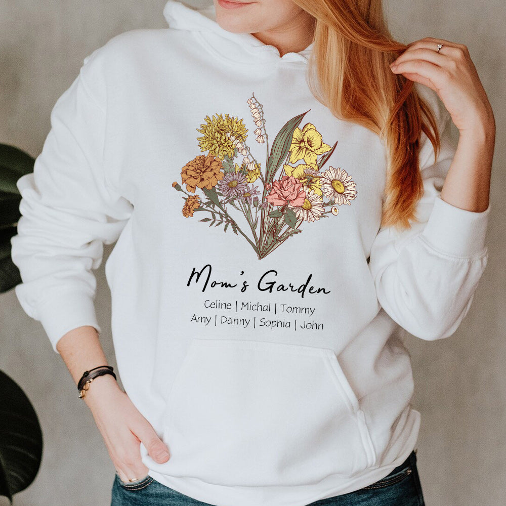 Personalisiertes Mamas Garten Geburt Blumenstrauß Sweatshirt mit Kindernamen Muttertagsgeschenk