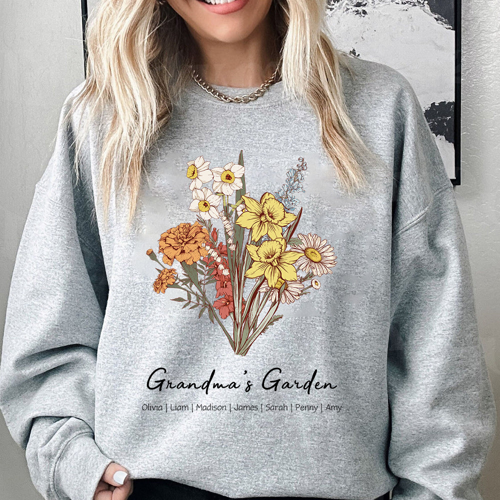 Personalisiertes Mamas Garten Geburt Blumenstrauß Sweatshirt mit Kindernamen Muttertagsgeschenk