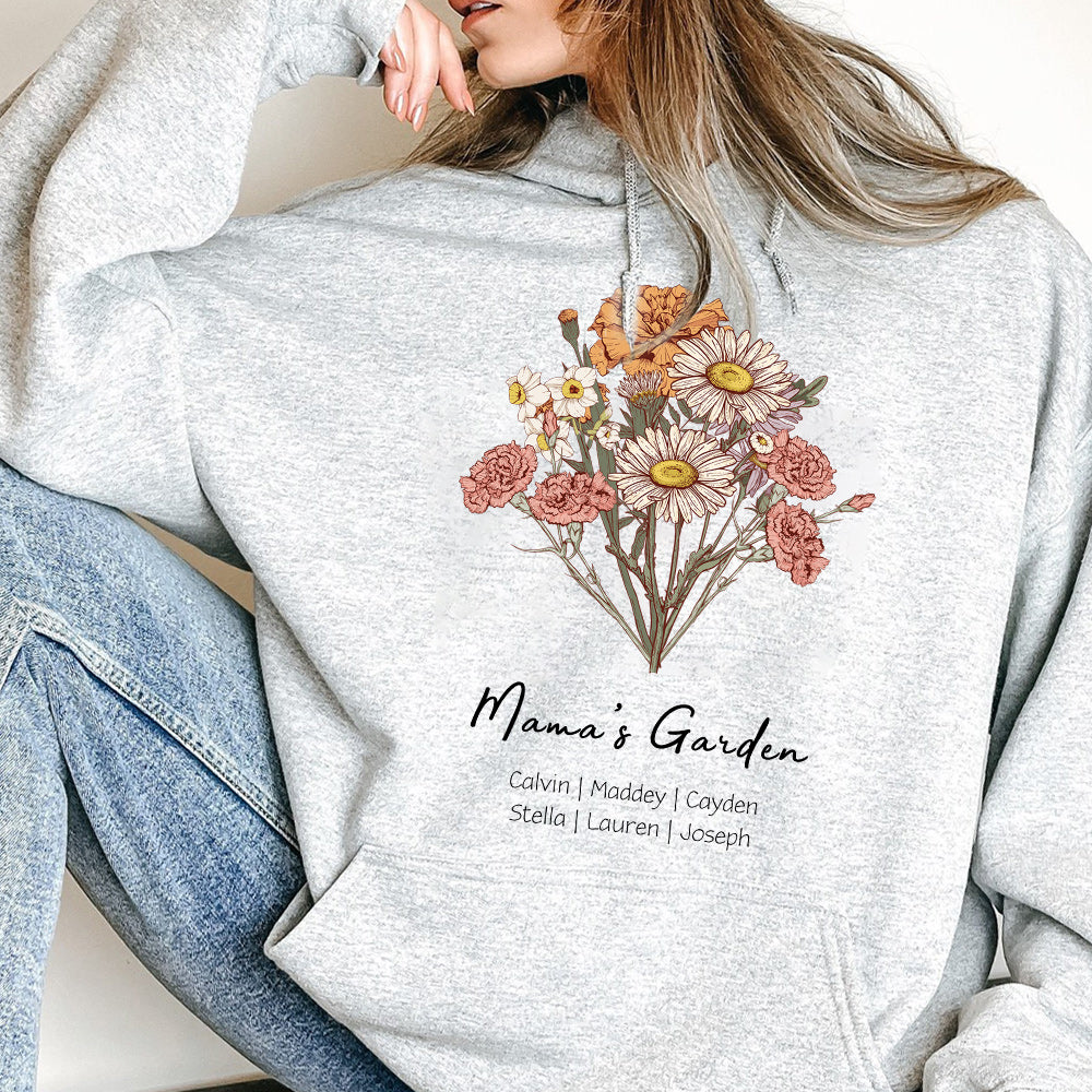 Personalisiertes Mamas Garten Geburt Blumenstrauß Sweatshirt mit Kindernamen Muttertagsgeschenk