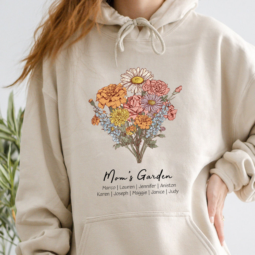 Personalisiertes Mamas Garten Geburt Blumenstrauß Sweatshirt mit Kindernamen Muttertagsgeschenk