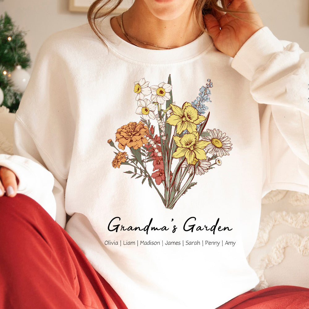 Personalisiertes Mamas Garten Geburt Blumenstrauß Sweatshirt mit Kindernamen Muttertagsgeschenk