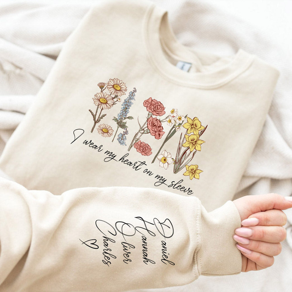 Personalisiertes Geburtsblumen-Sweatshirt "Ich trage mein Herz auf der Zunge" zum Muttertag