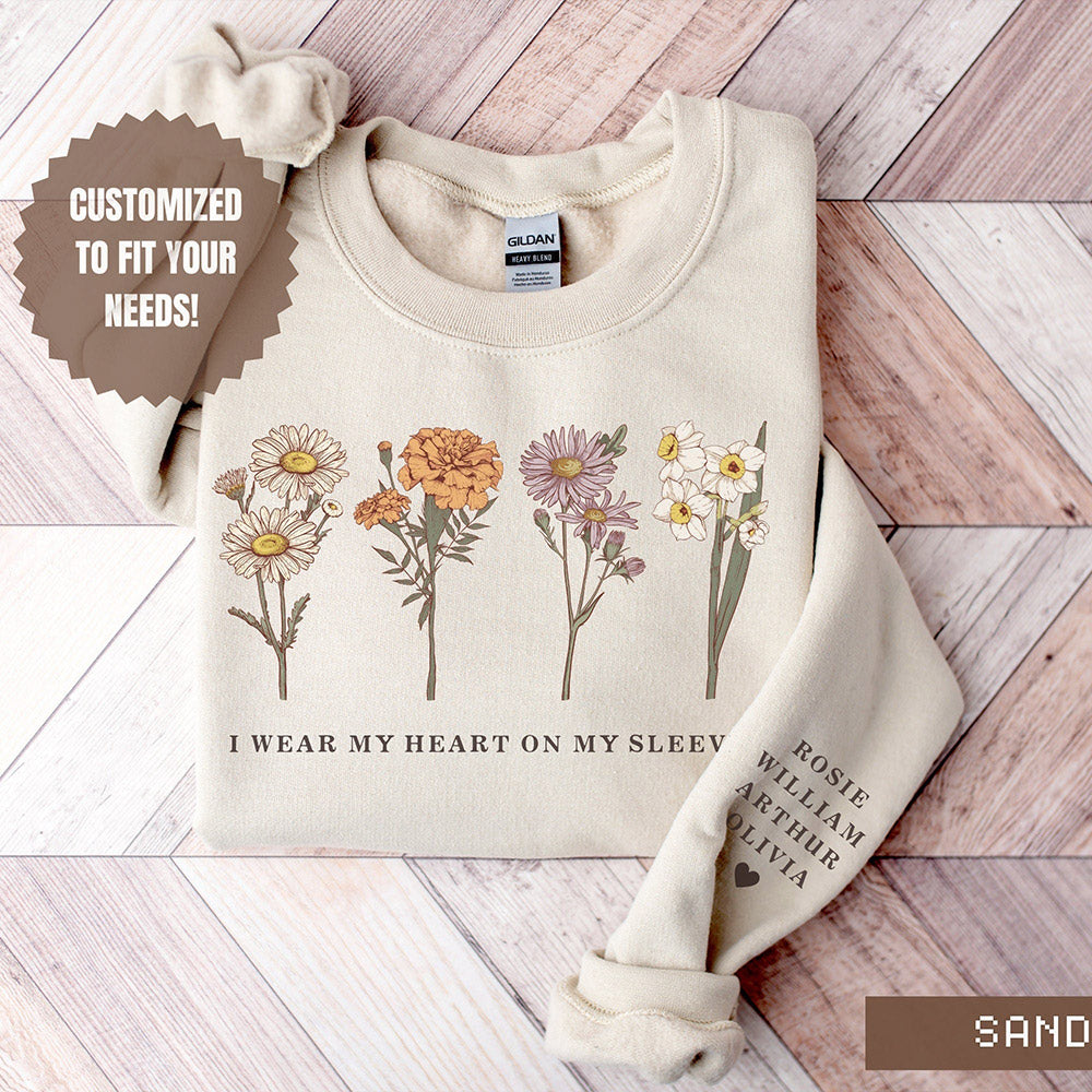 Personalisiertes Geburtsblumen-Sweatshirt "Ich trage mein Herz auf der Zunge" Geschenk für Mama Oma