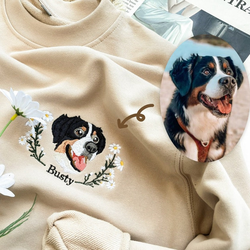 Personalisiertes Haustiergesicht und Name besticktes Sweatshirt Hoodie Geschenk für Haustierliebhaber