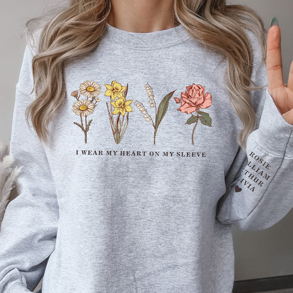 Personalisiertes Geburtsblumen-Sweatshirt "Ich trage mein Herz auf der Zunge" Geschenk für Mama Oma