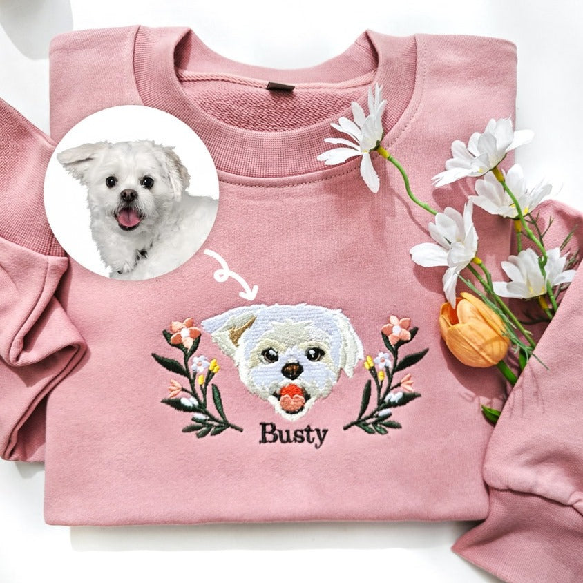 Personalisiertes Haustiergesicht und Name besticktes Sweatshirt Hoodie Geschenk für Haustierliebhaber