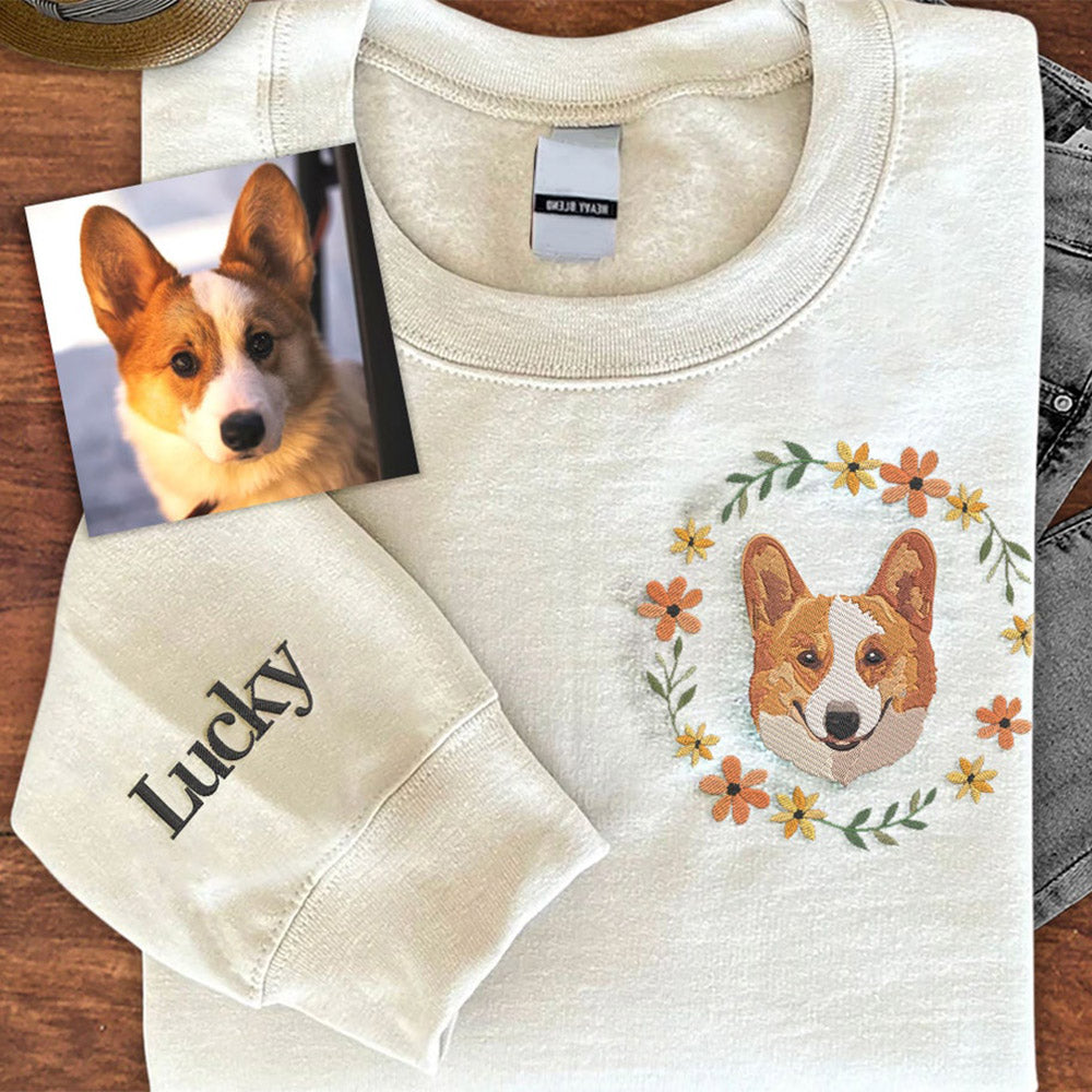 Cara de mascota bordada personalizada y nombre de mascota sudadera retrato de perro bordado cuello redondo regalo amante de las mascotas