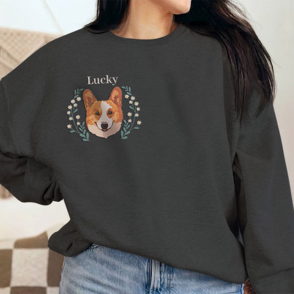 Cara de mascota bordada personalizada y nombre de mascota sudadera retrato de perro bordado cuello redondo regalo amante de las mascotas