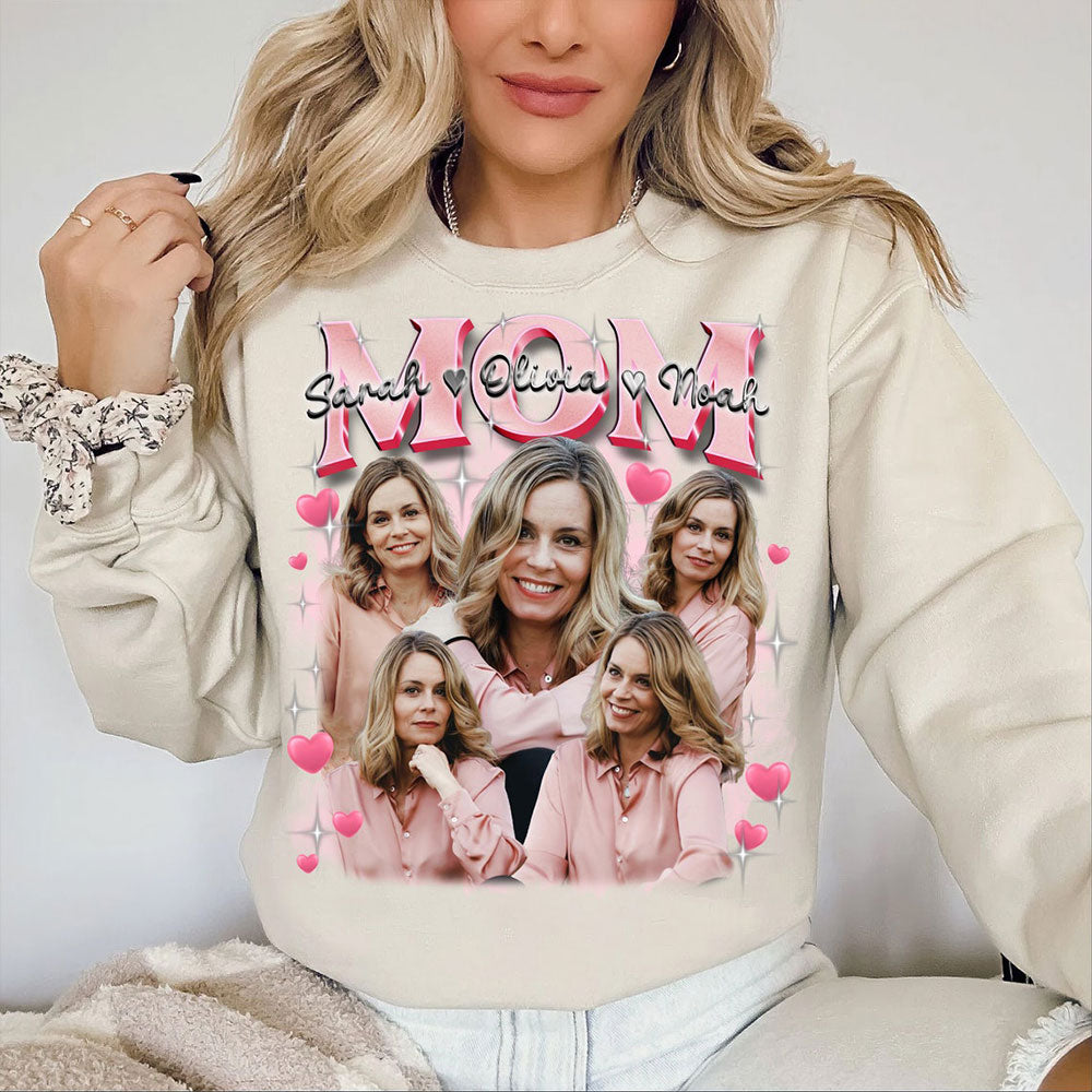 Sudadera vintage con foto personalizada para mamá y los nombres de los niños