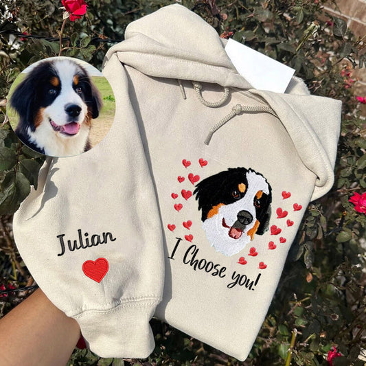 Custom Pet Portrait Embroidered Sweatshirt with Pet Face and Name Valentines Pet Hoodie for Pet Lovers