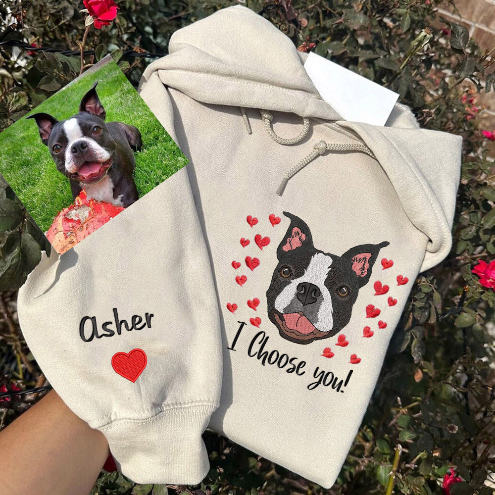 Custom Pet Portrait Embroidered Sweatshirt with Pet Face and Name Valentines Pet Hoodie for Pet Lovers