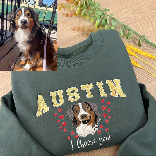 Custom Pet Portrait Embroidered Sweatshirt with Pet Face and Name Valentines Pet Hoodie for Pet Lovers