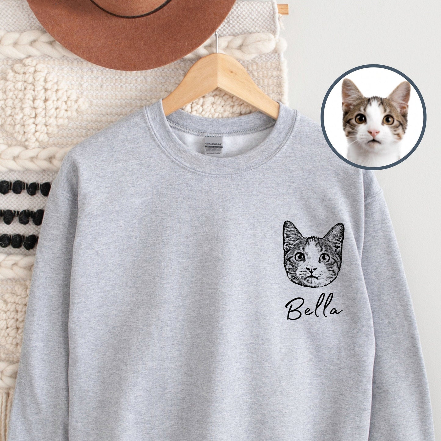 Personalisiertes Sweatshirt mit besticktem Haustiergesicht und Namen, Geschenk für Tierliebhaber