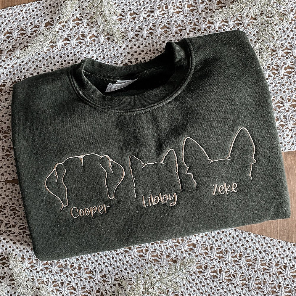 Sudadera con capucha con contorno de orejas de mascota bordadas y nombres, regalo para amantes de las mascotas 